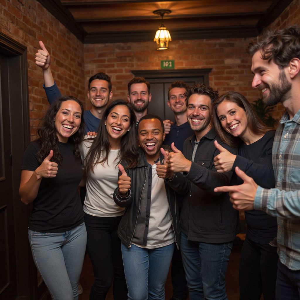 Successful team celebrating escape room victory